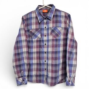 Merrell Womens Plaid Long Sleeve Button Up Shirt Large Purple Blue Cowgirl Rodeo
